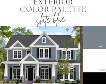 Exterior Paint Color Palette - Slate Blue, Blue Gray House Colors, White Trim Exterior, Black Shutters, Classic Exterior Paint Scheme