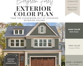 Exterior Paint Color Palette - Evergreen Forest, Dark Green House Colors, Moody Exterior, Green House White Trim, Nature Inspired Exterior