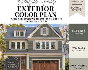 Exterior Paint Color Palette - Evergreen Forest, Dark Green House Colors, Moody Exterior, Green House White Trim, Nature Inspired Exterior