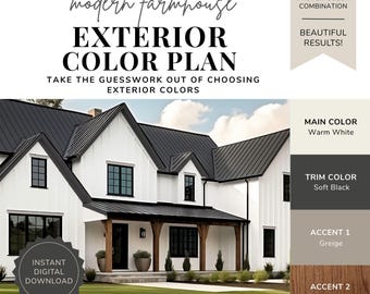 Exterior Paint Color Palette - Modern Farmhouse, White House Black Trim, Farmhouse Exterior Colors, Black and White House, Wood Accents