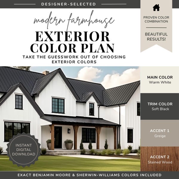 Exterior Paint Color Palette - Modern Farmhouse, White House Black Trim, Farmhouse Exterior Colors, Black and White House, Wood Accents