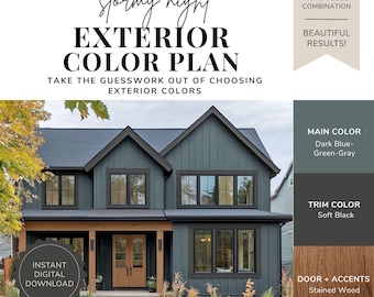 Exterior Paint Color Palette - Stormy Night, Dark Exterior Color Palette, Moody House Colors, Modern Exterior Paint Scheme