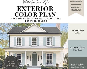 Exterior Paint Color Palette - Beach House, Coastal House Colors, White House Blue Shutters, Creamy White Exterior, Beach Exterior Colors