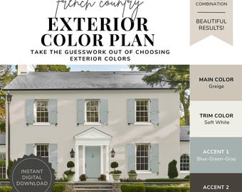 Exterior Paint Color Palette - French Country, Greige House Colors, White Trim Exterior, European House Colors, Blue Gray Shutters