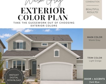 Exterior Paint Color Palette - Warm Gray House Colors, Greige Trim, Neutral Paint Colors, Blue-Gray Door & Shutters
