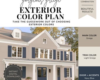 Exterior Paint Color Palette - Gorgeous Greige, Greige House Colors, Neutral Exterior Paint Colors, Navy Blue Shutters and Front Door