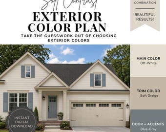 Exterior Paint Color Palette - Soft Contrast, Off-White Exterior, Neutral House Colors, Greige Trim, Blue-Gray Door & Shutters