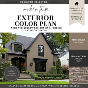 Außenfarben-Farbpalette - Modernes Taupe, Taupe-Hausfarben, dunkle neutrale Außenfarbe, schwarzes Haus, moderne Außenfarbe
