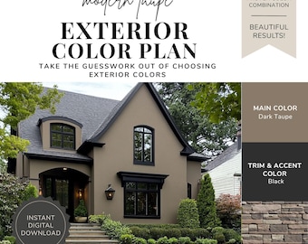 Exterior Paint Color Palette - Modern Taupe, Taupe House Colors, Dark Neutral Exterior, Black Trim House, Modern Exterior Paint
