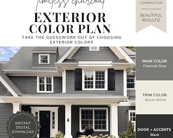 Exterior Paint Color Palette - Timeless Charcoal, Dark Gray House Colors, Charcoal Exterior, White Trim, Black Accents, Modern Exterior