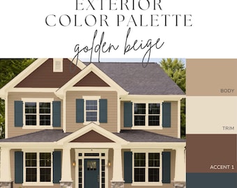 Exterior Paint Color Palette - Golden Beige, Beige House Colors, Neutral Exterior Paint, Paint Colors with Red Brick, Traditional Exterior