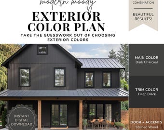 Exterior Paint Color Palette - Modern Moody, Dark Exterior Paint Colors, Black House Exterior, Moody House Colors, Modern Curb Appeal