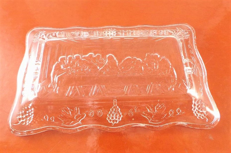 Vintage Clear Glass Serving Dish Last Supper Etsy