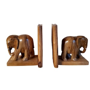 Vintage African Wood Hand Carved Elephants Bookends, Pair