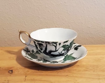 Vintage Norcrest Fine China Green Black Floral Teacup and Saucer Japan