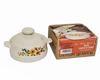 1980 Sweet Flowers Bake Serve&#39;N Store Stoneware Individual Casserole Dish