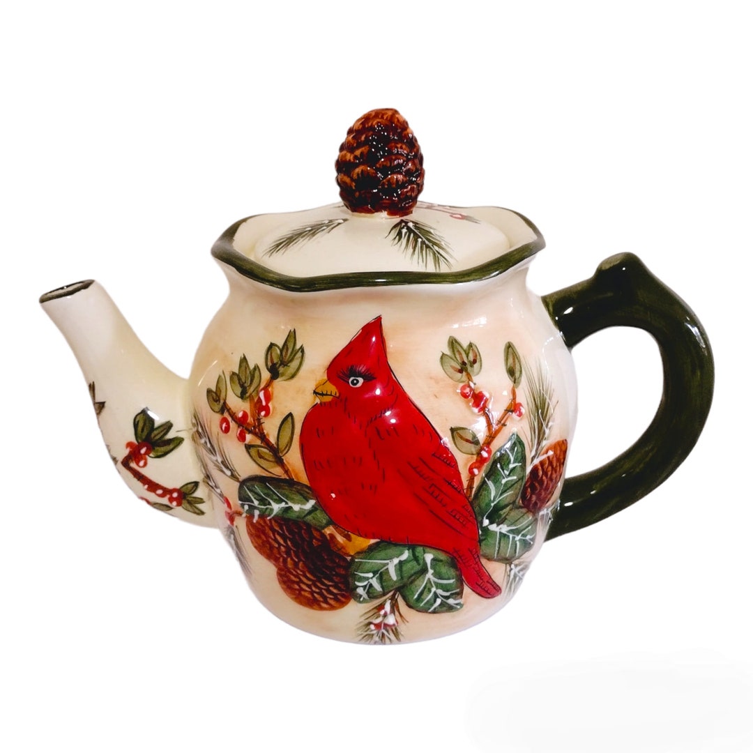 Red Cardinal Christmas Teapot Evergreen Winter, Ceramic Teapots