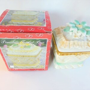 Vintage Small Lidded Trinket White Porcelain with Beautiful Colored Flower Jewelry Box