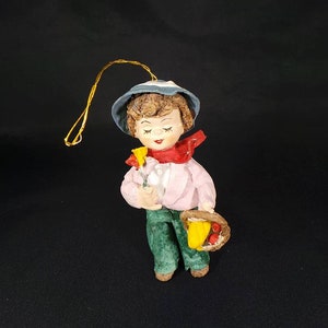 Vintage Christmas Holiday Decor Boy with a Basket and Flowers Rare Find