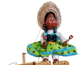 Vintage Marionette String Puppet Dancing Woman Maracas Mexican Girl, Marionette Girl Dancing Figurine