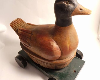 Vintage Hand Carved Wooden Duck Pull Toy, Wooden Toys