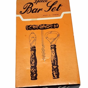 Vintage 2 Piece Bar Set in Original Box Bottle Opener Bamboo Handles Bar Utensils Incomplete
