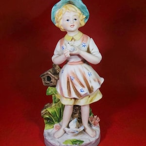 Vintage Homco Barfuß Mädchen Vogelhaus Vogel Figur 8880