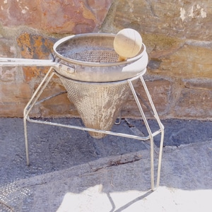 Vintage Strainer Sieve with Stand and Pestal, Antique Kitchen Tool, Primitive Aluminum Canning Strainer