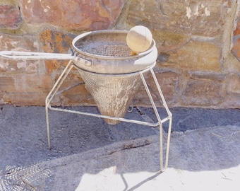 Vintage Strainer Sieve with Stand and Pestal, Antique Kitchen Tool, Primitive Aluminum Canning Strainer