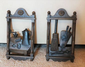 Homco Wall Hanging Plaques Broom Tongs Coffee Pot