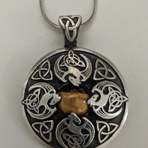 Avalon Blessings Pendant “Courage To This Woman” Dragon Pewter Necklace Tiger's Eye