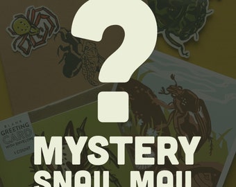 May include: A collection of greeting cards with insect illustrations, including a spider, cicada, and beetle. The cards are various colors, with the words "Mystery Snail Mail" in large, bold letters. A large white question mark is in the center.