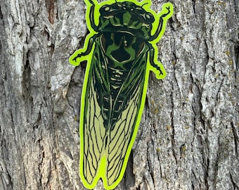 May include: A green and black cicada sticker with a neon green outline. The insect illustration features detailed wing patterns and is set against a textured tree bark background.