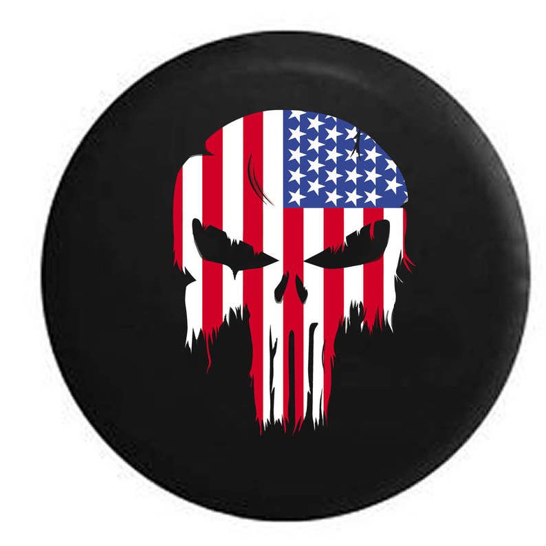 Punisher Skull Military Sniper Thin Blue Line Police Support Spare Jeep Wrangler Camper SUV Tire Cover 32 in Silver Back Covers