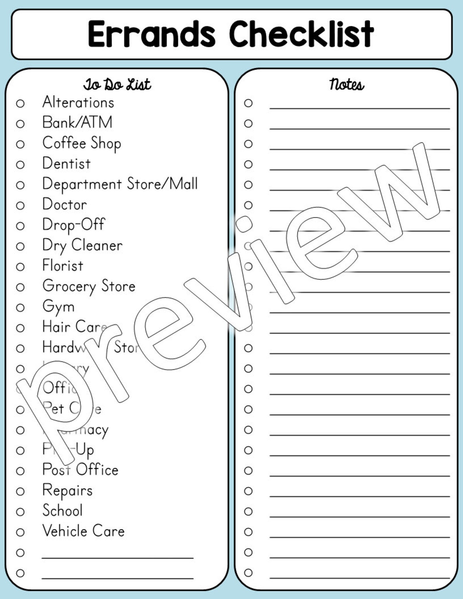 Errands Checklist Printable (Instant Download) Etsy