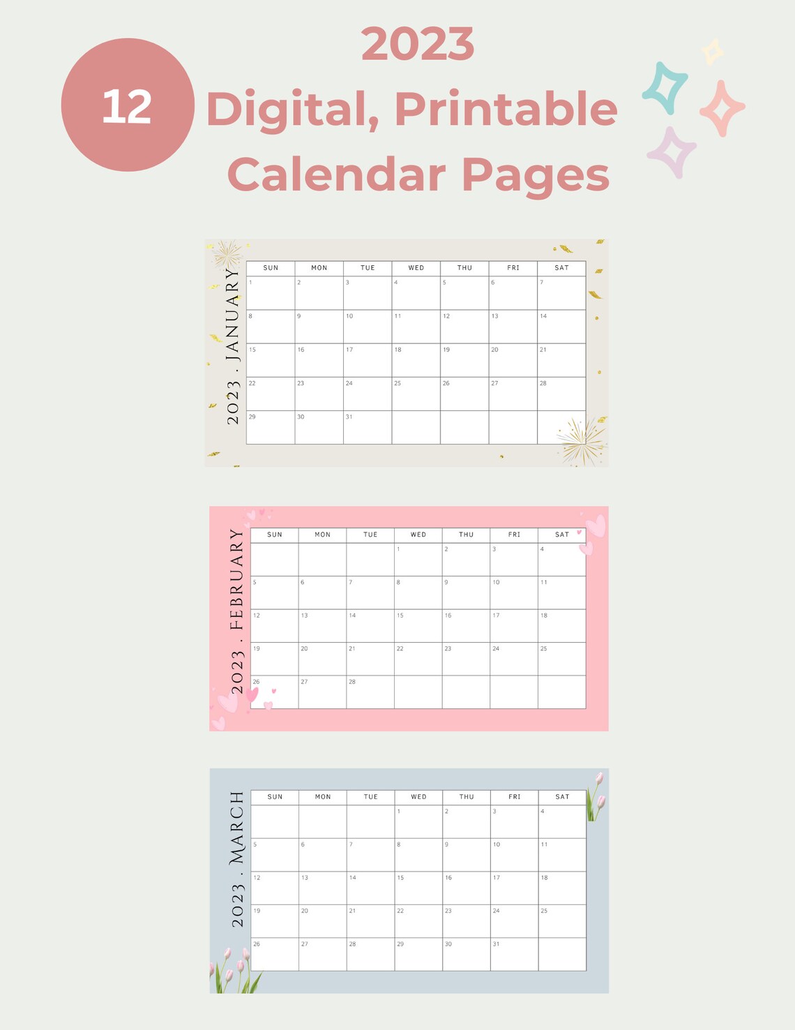 2023-printable-calendar-pages-2023-digital-calendar-pages-etsy