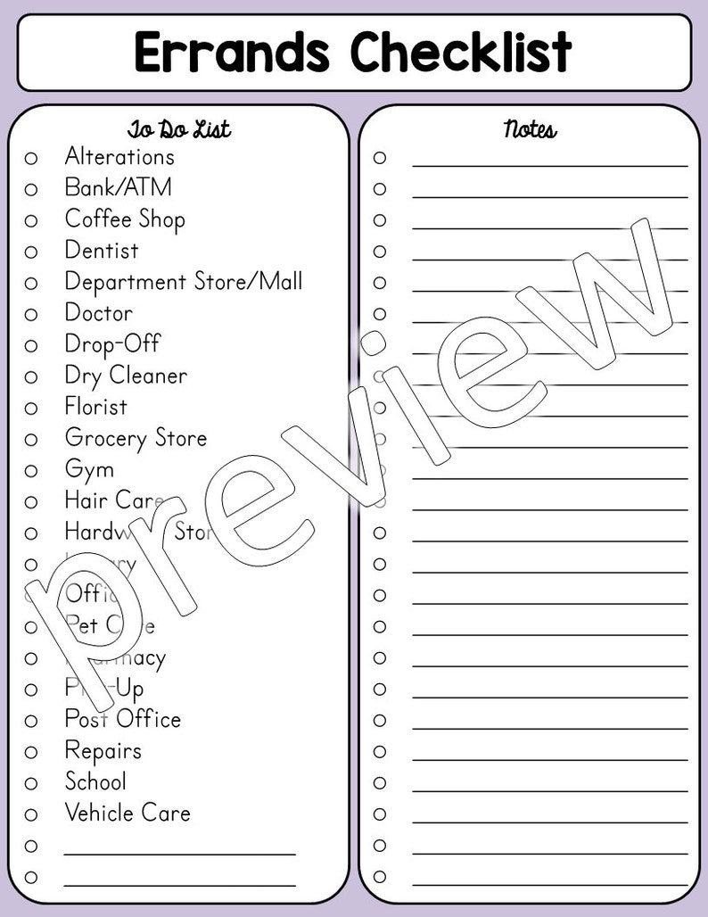 Errands Checklist Printable (Instant Download) - Etsy