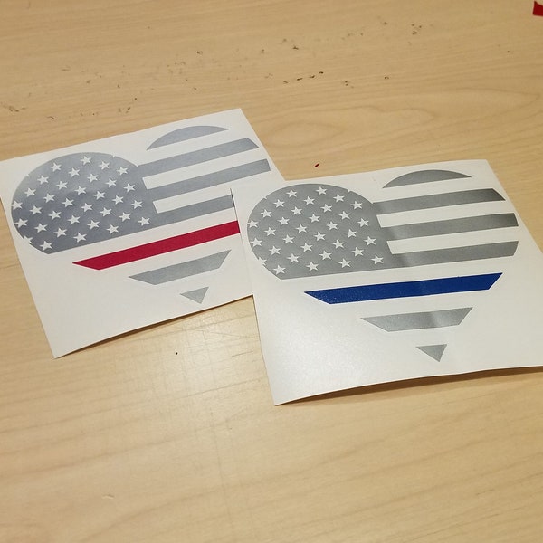 Thin blue line or thin red line heart decals, Back the Blue, Support Police or Firemen!!  - 2-pack