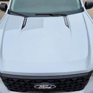 May include: A light gray Ford vehicle hood with the word "ECOBOOST" printed in black on both sides. The Ford logo is visible on the front grill.