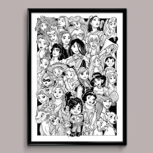Affiche Princesses Disney / Reproductions A5 et A4 d'une Illustration Disney / Illustration à l'encre par William ERHEL