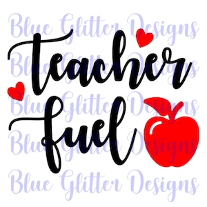 May include: Black and red graphic design with the text "teacher fuel" and a red apple. Two red hearts are on either side of the text.