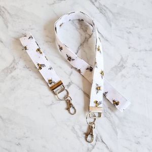 Bee Lanyard or Key Fob: White Cotton Fabric Silver Hardware