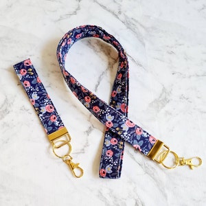 Rifle Paper Co Lanyard/Floral Lanyard/Lanyard Keychain/Navy Blue Lanyard/Flower Lanyard/Work Lanyard/Keychain/Rifle Paper Co Key Fob/Keyfob