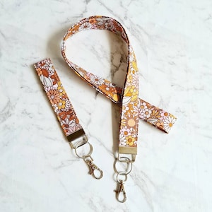 Boho Floral Lanyard or Key Fob: Brown Cotton Fabric Silver Hardware