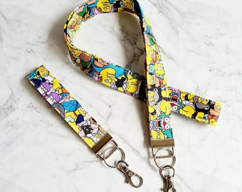 Cartoon Print Lanyard or Key Fob: Blue Cotton Fabric Silver Hardware