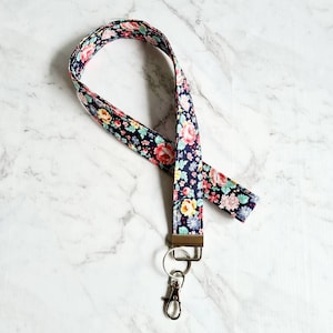 Floral Lanyard/Navy Blue Lanyard/Lanyard Keychain/Work Lanyard/Keyring Lanyard/Lanyard for Keys/Vintage Roses Lanyard/1 Inch Wide Lanyard