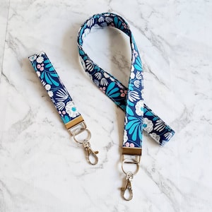 Floral Lanyard/Navy Blue Lanyard/Work Lanyard/Keyring Lanyard/Lanyard for Keys/Flower Lanyard/Keyfob/Organic Cotton Lanyard/1 Inch Wide
