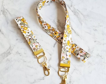 Mustard Floral Lanyard or Key Fob: Yellow Cotton Fabric Gold Plated Hardware