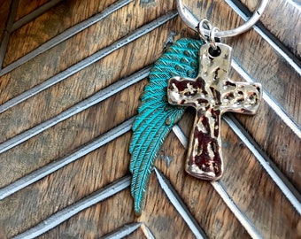 Turquoise Wing, Silver Cross Necklace