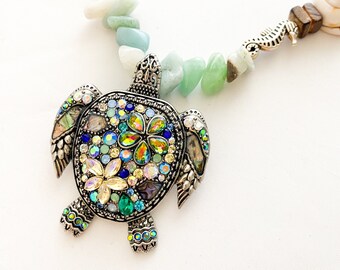 Sea My Turtle / Jeweled Seaturtle/Silver Seahorse/ Sea Glass/Driftwood/ Beach Vacation Necklace